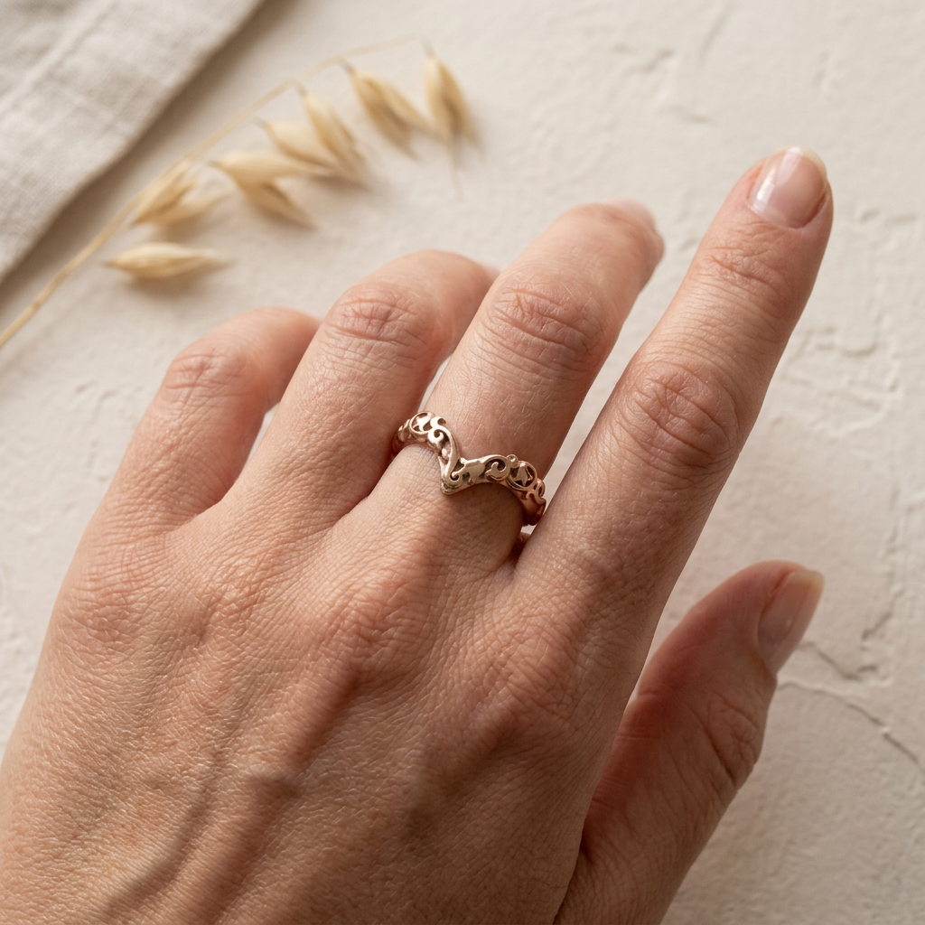 V Shape Embossed Floral Wedding Ring - J5390