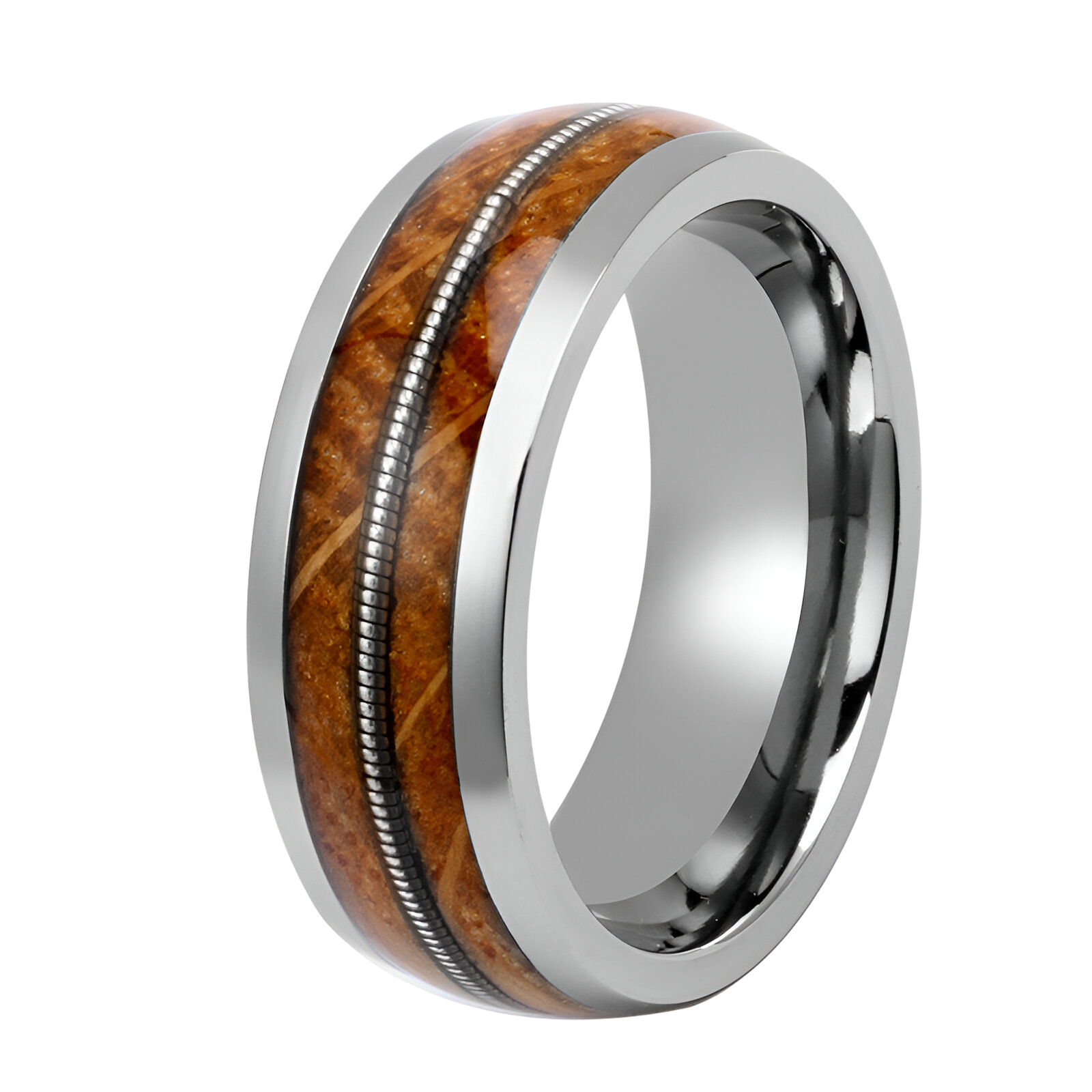 Men's Titanium ring with Whiskey wood and Guitar string