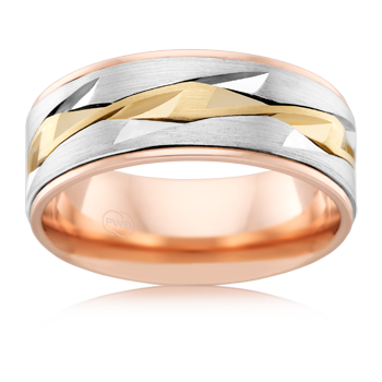 Yellow White and Rose Gold carved wedding ring