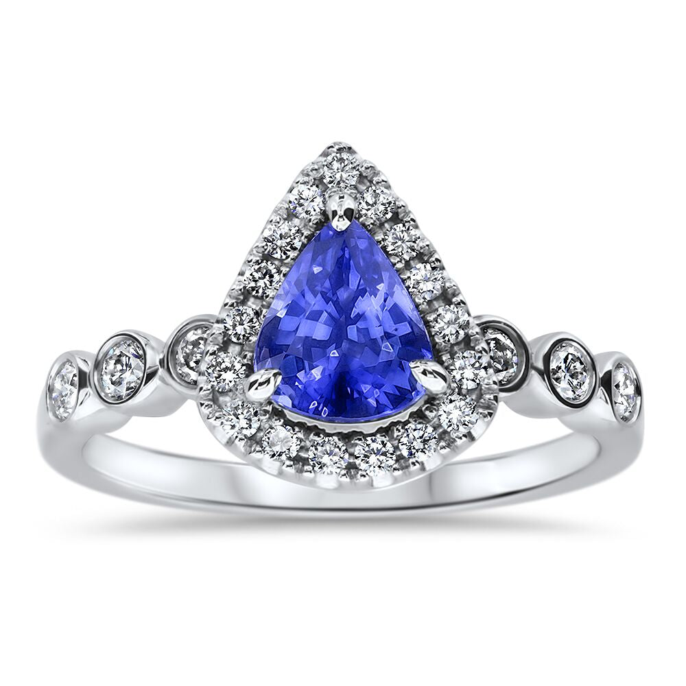 Beautiful deep Blue-Violet Ceylon Sapphire and Diamond 18ct White Gold halo ring