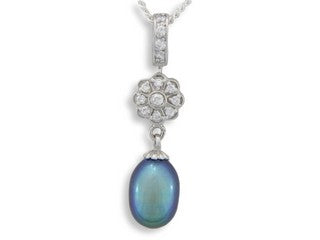 Black pearl and cubic zirconia flower pendant
