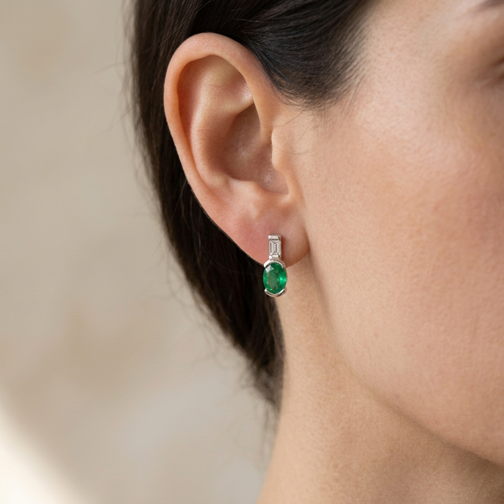 Emerald and diamond white gold earrings
