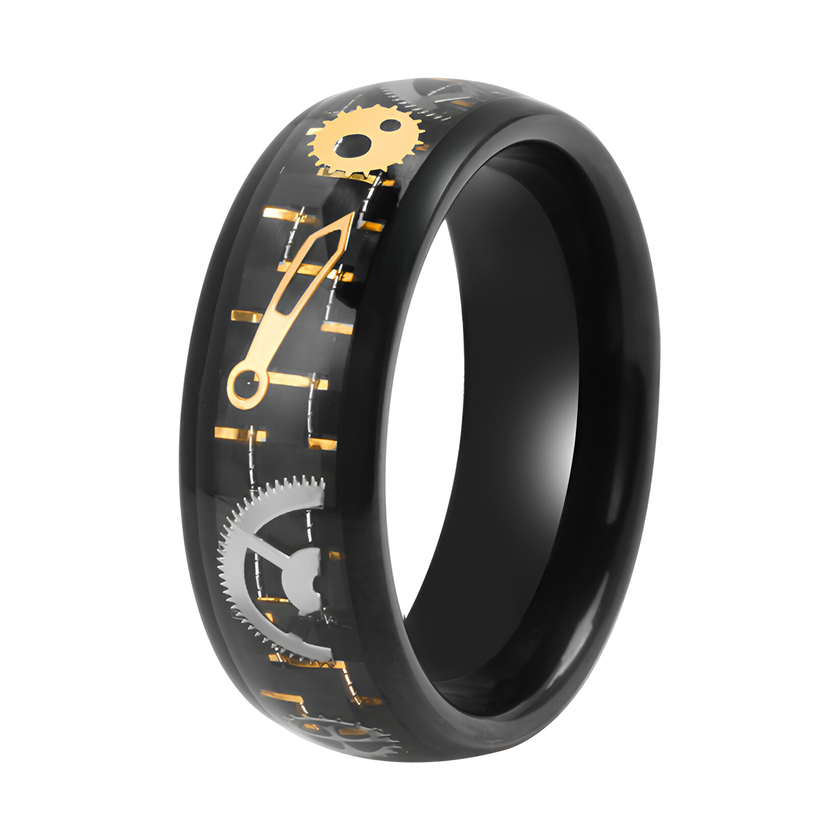 Men's Tungsten and Carbon Fiber ring with inlaid watch mechinisims