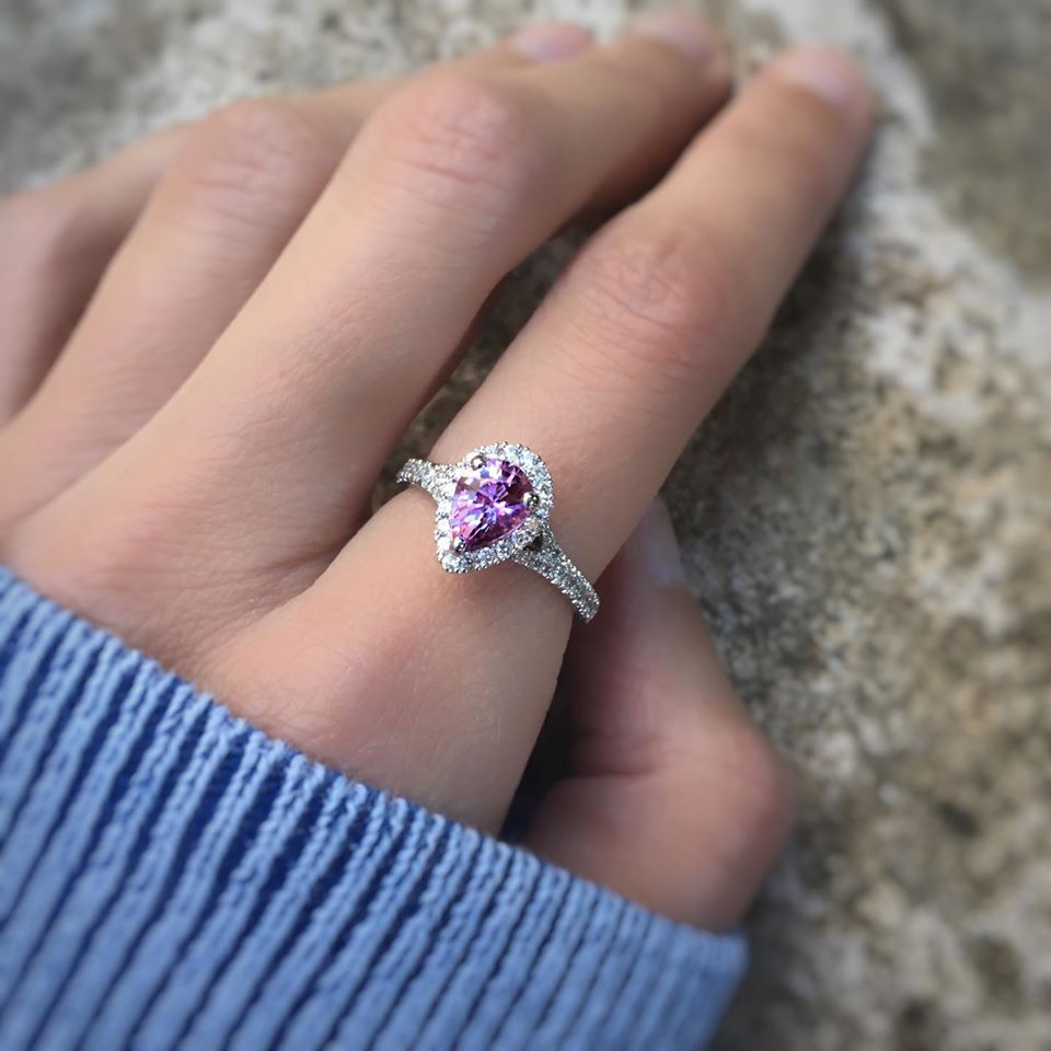 Lovely rich Pink Purple Natural Sapphire and Diamond cluster ring