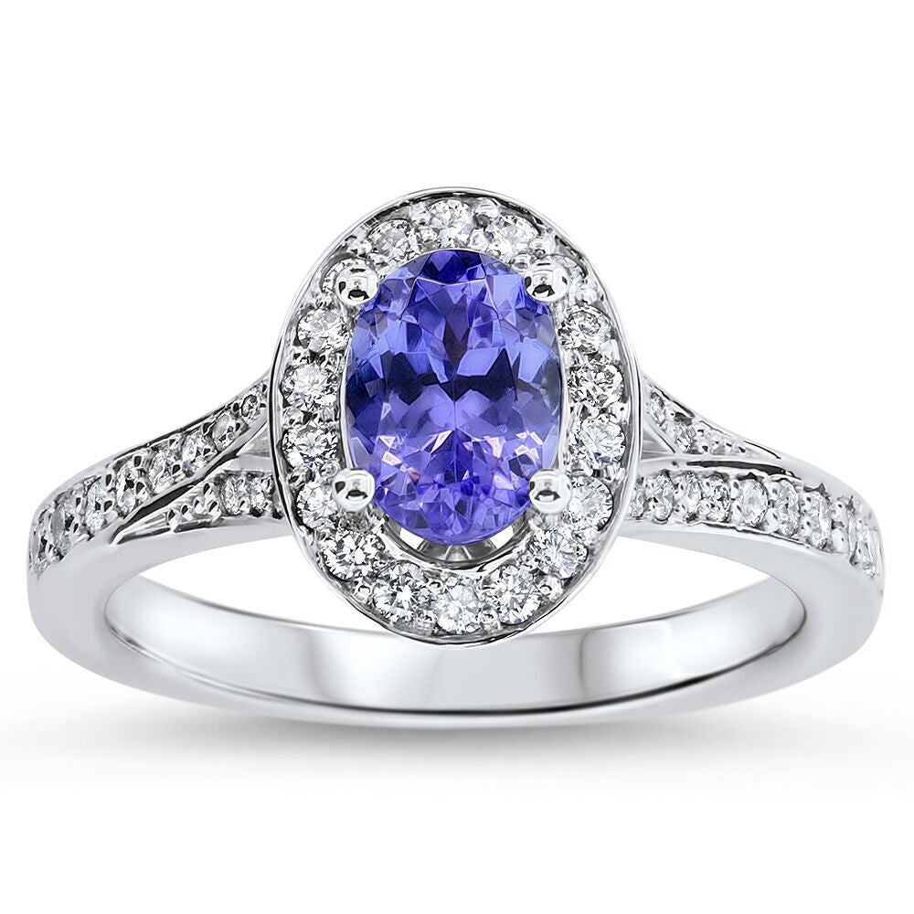 Elegant Natural Tanzanite and Diamond halo ring
