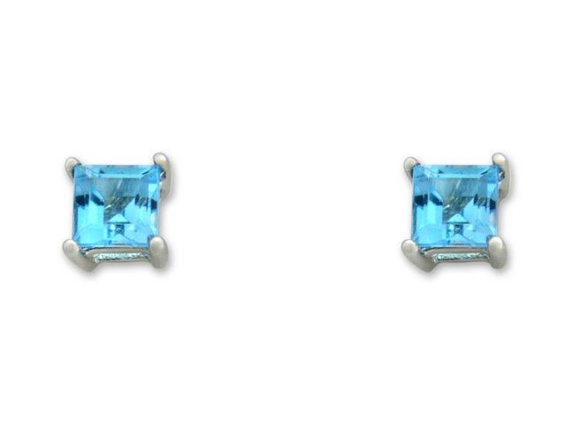 3mm square cut blue topaz white gold earrings