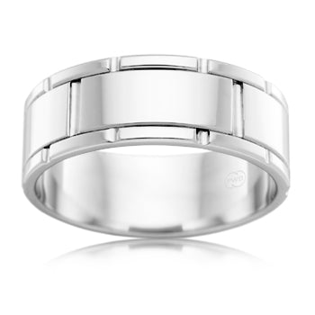 Mens White Gold patterned wedding ring