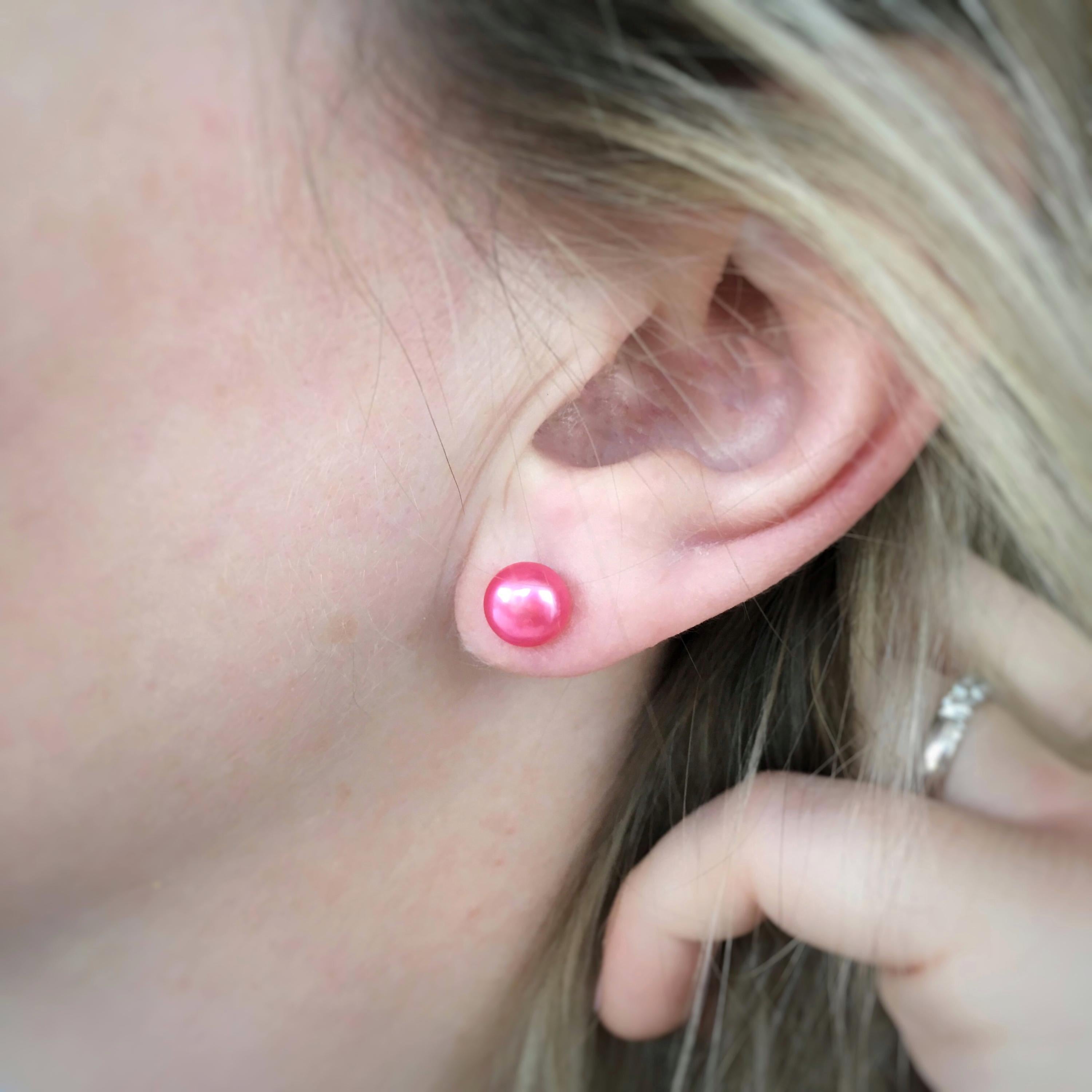 Sterling Silver, 8mm Freshwater Pearl stud earrings. In Hot Pink