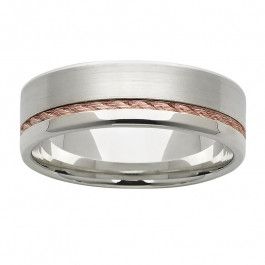 18ct White Gold 7mm wide wedding ring styled with a flat top rounded on edge and inside, with a 18ct Rose Gold rope
-M1550