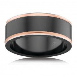  Black Zirconium and 9ct Rose Gold world class Australian made P W Beck ring. Dark and mysterious, Zirconium is a metallic element found in the mineral Zirconium. You can choose different metal combinations contact us for a free custom Quote-A14574
