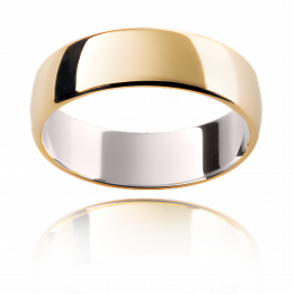 Mens platinum 600 and 9ct yellow gold wedding band with a flat radius, comfort fit, polished exterior, and brushed interior.
-FRC-9ct-plat600
