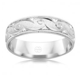 9ct White Gold engraved and satined mens wedding ring 6mm wide
.
-M1298
