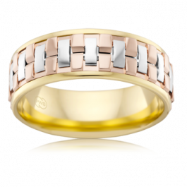 World class Australian made 18ct three tone Mosaic style Mens wedding ring,you can select a soft EZI fit or a rounded LUX fit, this ring can be custom made in different colour options, contact us for a free custom quote-M1234
